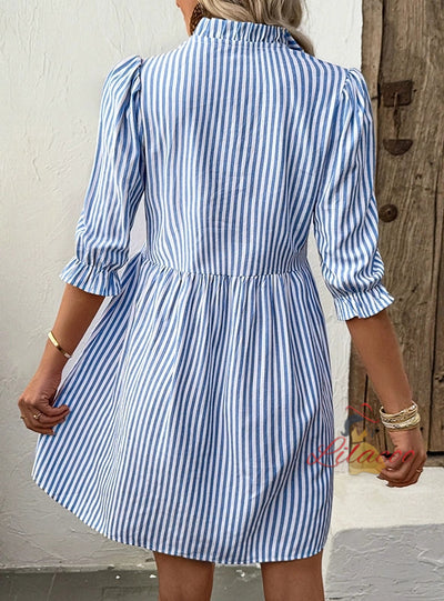 Vertical Striped Shirt Short Sleeve Dress