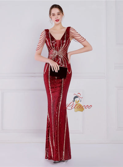 V-neck Mermaid Sequins Beading Prom Dress