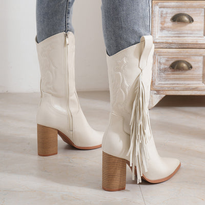 Pointed Embroidered Tassels White Boots