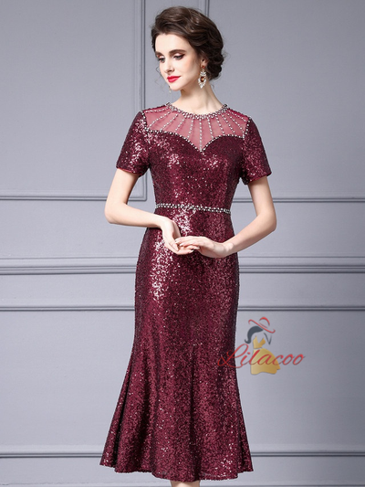 Gold Sequins Beading Short Sleeve Mother Of The Bride Dress