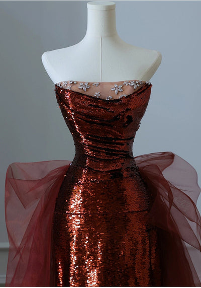 Burgundy Mermaid Sequins Tulle Crystal Prom Dress