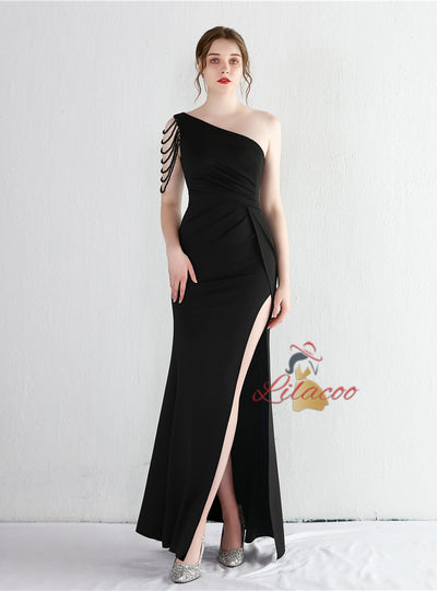 One Shoulder Split Beading Prom Dress