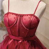 Burgundy Tulle Straps Pearls Homecoming Dress