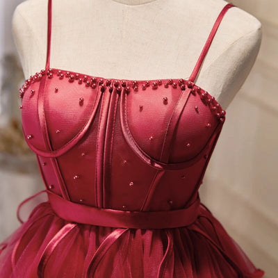 Burgundy Tulle Straps Pearls Homecoming Dress