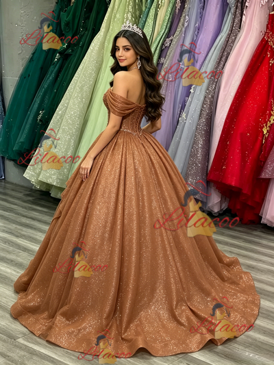 Brown Sequins Off the Shoulder Beading Quinceanera Dress