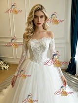 White Tulle Lace Long Sleeve Wedding Dress