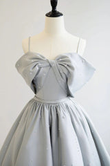 Gray Satin Spaghetti Straps Pearls Prom Dress
