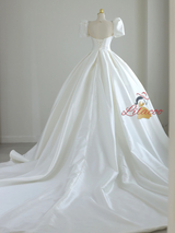 White Satin Puff Sleeve Beading Wedding Dress