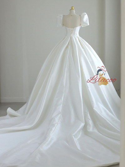 White Satin Puff Sleeve Beading Wedding Dress