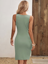 Solid Color Slit Sleeveless Round Neck Dress