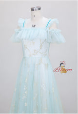 Embroidered Blue Backless Banquet Dress