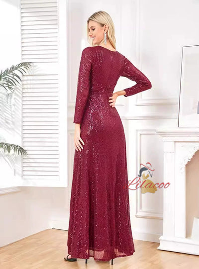 Burgundy Sequins Long Sleeve Prom Dress