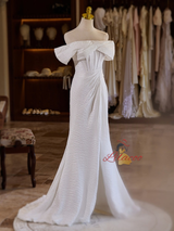 White Mermaid Split Pleats Prom Dress