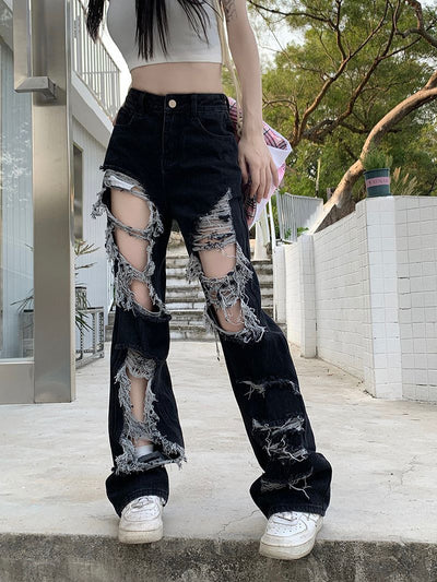 Black High-waisted Holes Raw Edges Jeans