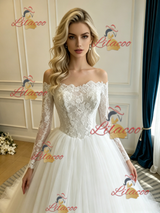 White Tulle Lace Long Sleeve Wedding Dress
