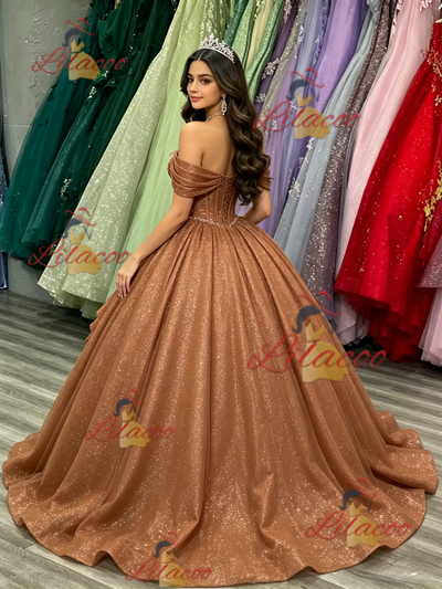 Brown Sequins Off the Shoulder Beading Quinceanera Dress