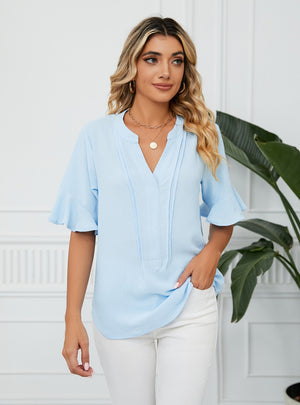 Solid Color V-neck Short-sleeved Loose Top