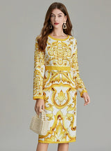 Retro Round Neck Printed Long-sleeved Slim Dress