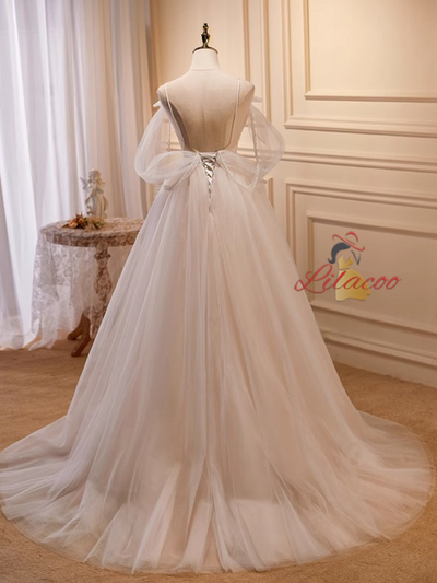 Tulle Spaghetti Straps Pleats Wedding Dress