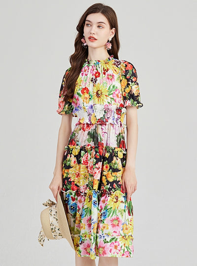 Printed Contrast High Waist Slim Short Sleeve Dress
