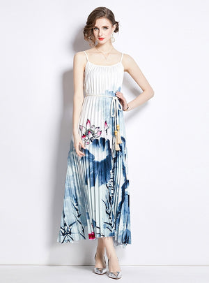 White Printed Sling Pleated Dress