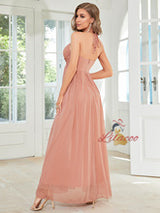Pink Chiffon Halter Prom Dress