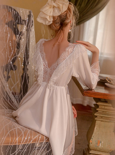 Sexy Backless Polka-dot Long-sleeved Nightgown