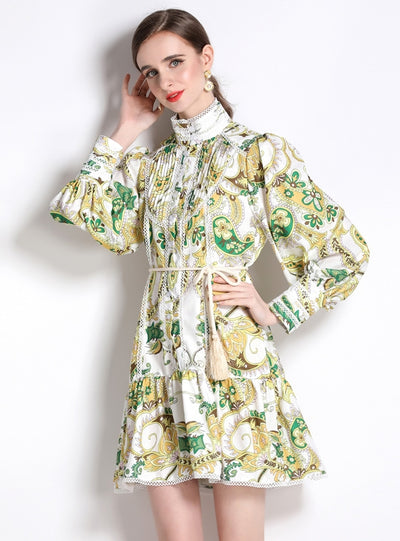 Lantern Sleeve Printed Short Dress