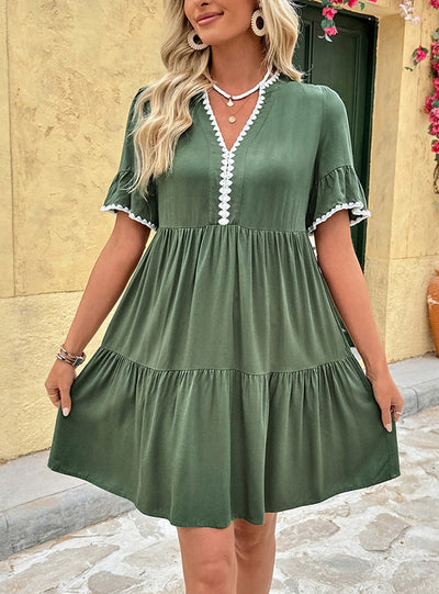V-neck Short Sleeve Contrast Stitching Dress