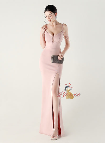 Mermaid Spaghetti Straps Beading Split Prom Dress