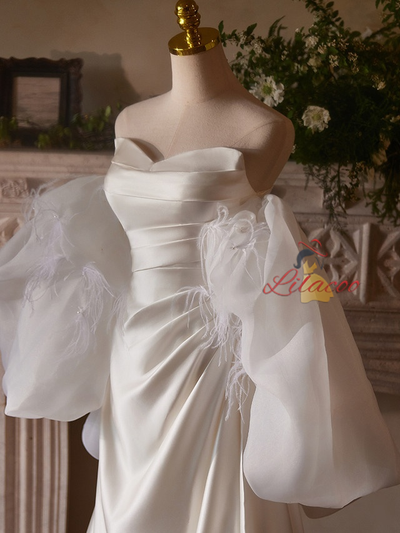White Satin Pleats Strapless Wedding Dress
