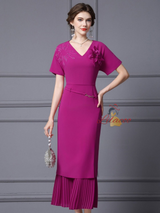 Fuchsia Short Sleeve V-neck Mother Of The Bride Dress