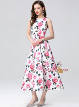 Retro Slim Waist Sleeveless Printed Dress
