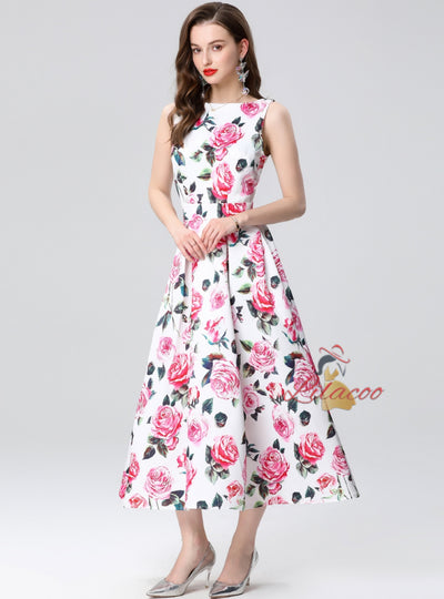 Retro Slim Waist Sleeveless Printed Dress