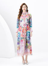 Palace Lapel Lantern Sleeve Long Retro Print Dress