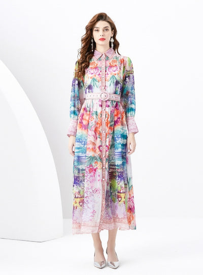 Palace Lapel Lantern Sleeve Long Retro Print Dress