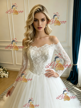 White Tulle Lace Long Sleeve Wedding Dress