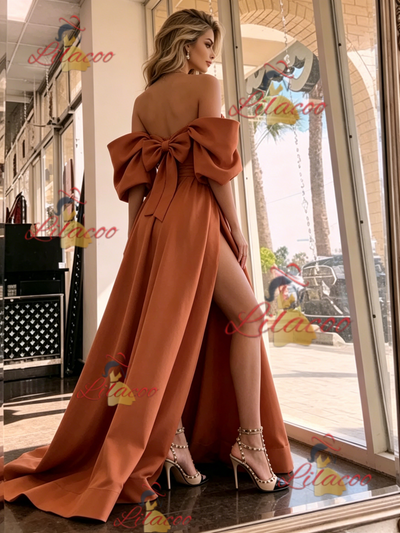 Off the Shoulder Split Bow Prom Dress