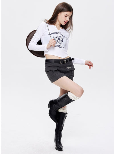 V-neck Long Sleeve T-shirt Printed Top