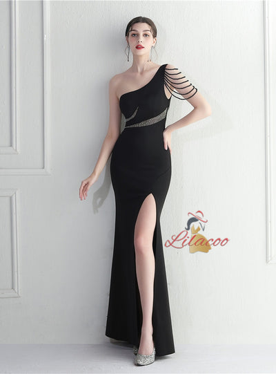 Green One Shoulder Beading Split Prom Dress