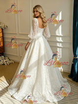 White Lace Long Sleeve Square Neck Wedding Dress