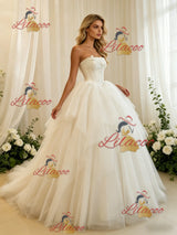 Beige White Tulle Strapless Wedding Dress