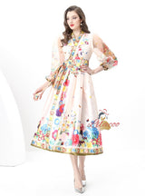 Vintage V-neck Gauze Lantern Sleeve Printed Dress