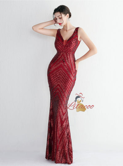 V-neck Mermaid Sequins Prom Dress