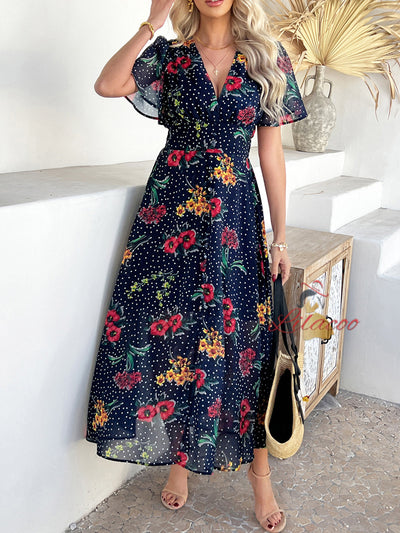 Bohemian Deep V Chiffon Printed Short Sleeve Dress