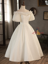 White Puff Sleeve Off the Shoulder Pearls Wedding Dress
