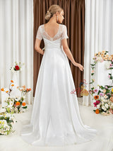 White Short Sleeve Lace Bridas Dress