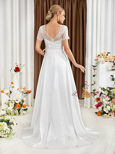 White Short Sleeve Lace Bridas Dress