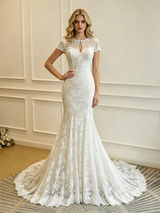 White Mermaid Lace Short Sleeve Wedding Dress