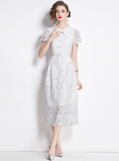 Lace Retro Bubble Sleeve White Dress